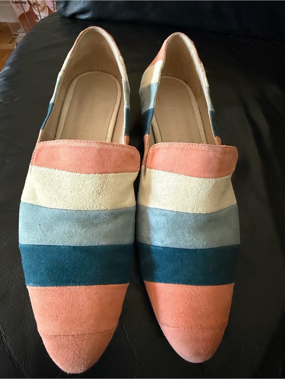 Freda Salvador Striped Suede Loafers in Coral, Cream & Teal